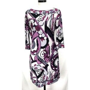 Julie Dillon Shift Dress 10 Geometric Knee Length Boat Neck Stretch 3/4 Sleeve
